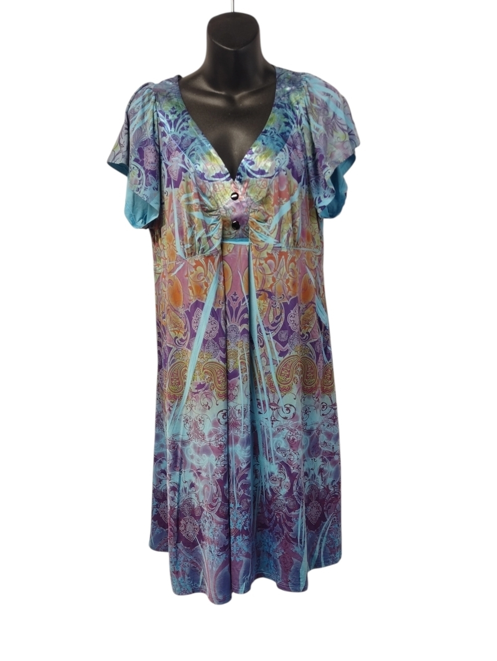Unity World Wear XL Multicolor Paisley Boho Midi Dress Flutter Sleeves V-Neck